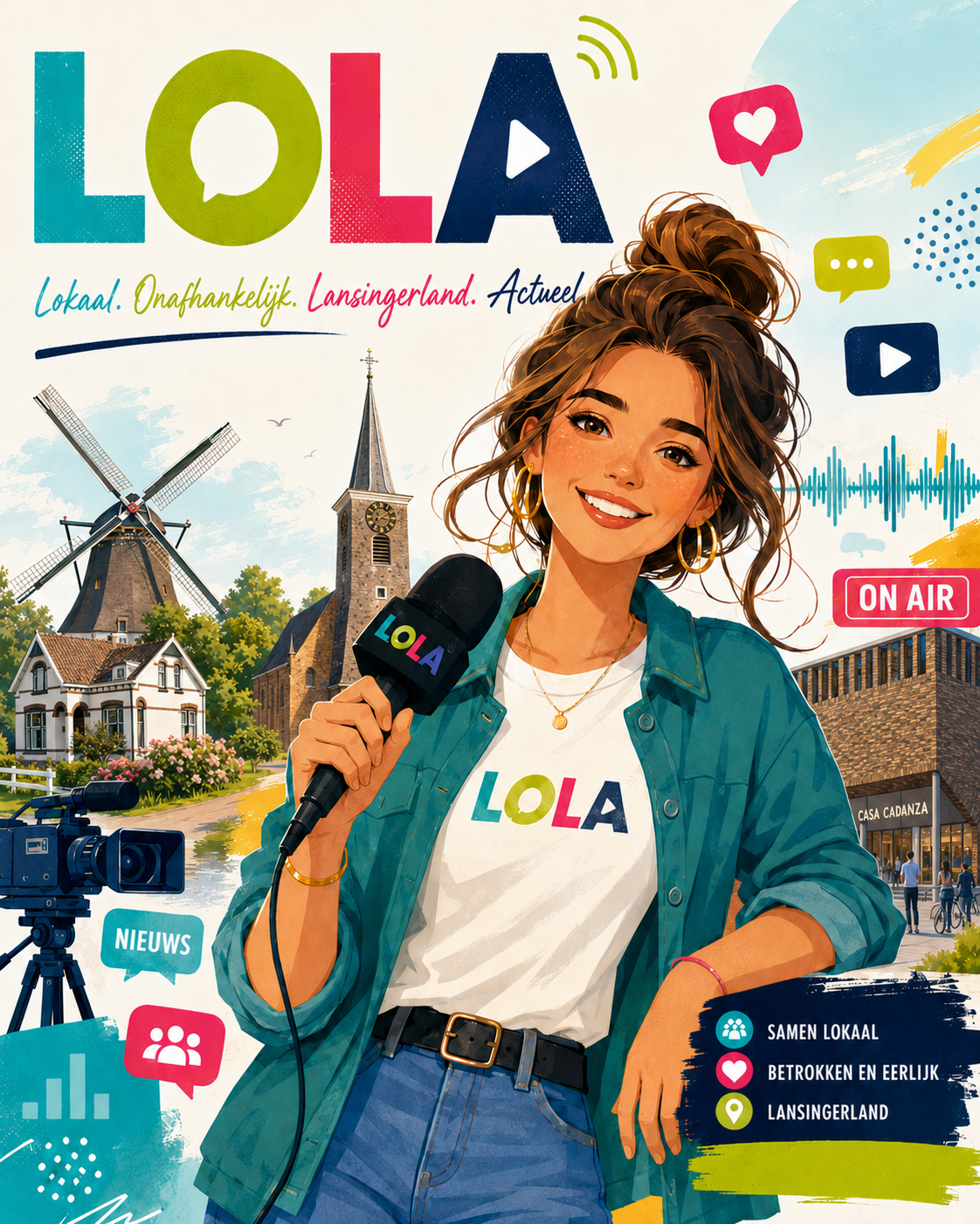 LOLA-poster met een presentatrice, camera en lokale herkenningspunten, met de boodschap Samen lokaal.
